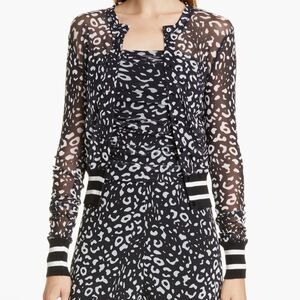 Fuzzi Graphic Leopard Print Tulle Bomber Jacket Sheer Mesh Ribbed Stripe Cuff